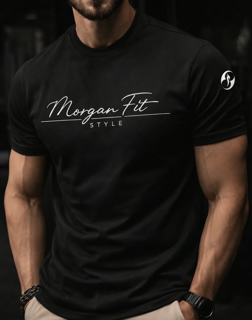 Camiseta negra Morgan Style con firma Morgan Fit y fénix en la manga